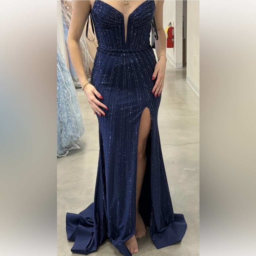 Navy Sherri Hill Corset Bodice Illusion Neckline and Lace-up Back Evening Gown